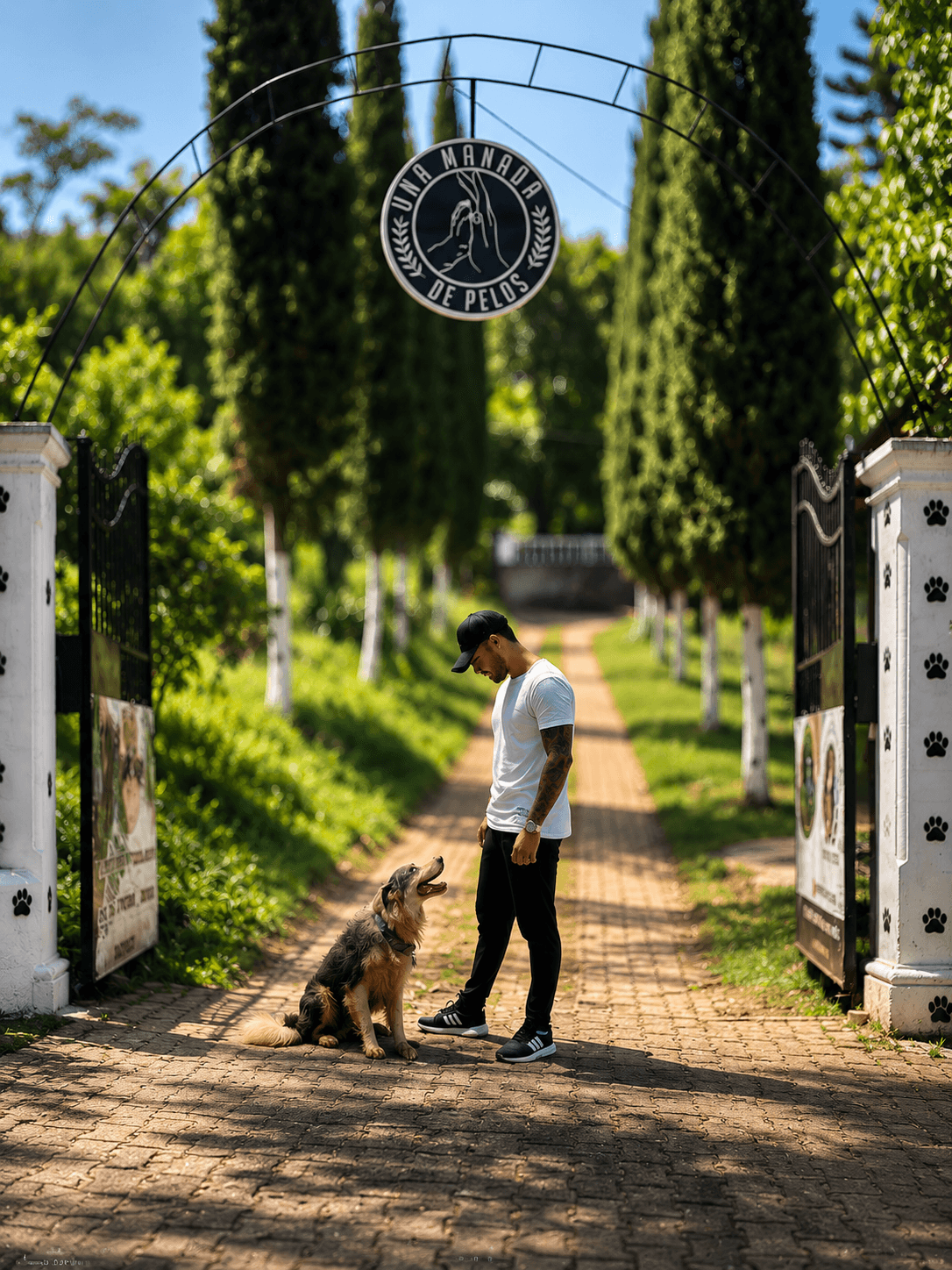 Cuidador y perro en la entrada de Una Manada D' Pelos